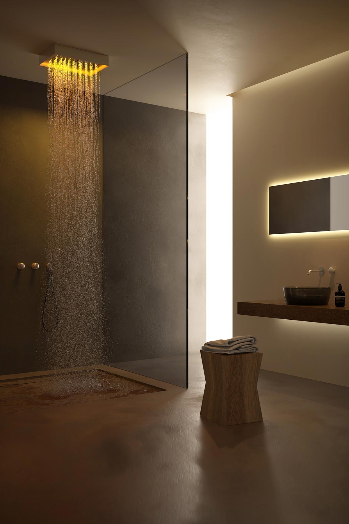  a showerhead fixed to the ceiling and visible when not in function.