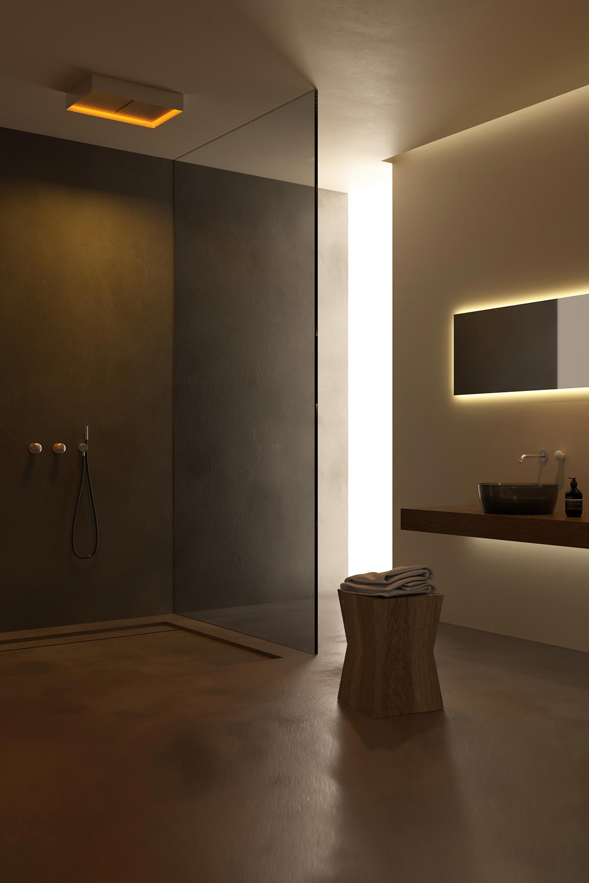  a showerhead fixed to the ceiling and visible when not in function.